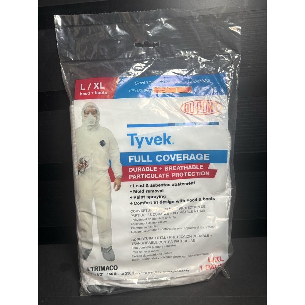 Dupont Tyvek Full Coverage Suit L/XL Hood & Boots 150 to 230 Lbs - SEALED